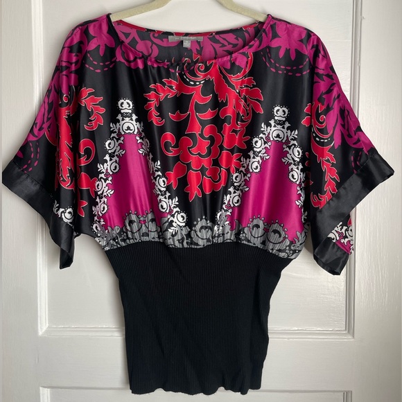 NY Collection Tops - NY Collection Pink and Black Floral Blouse with Fitted Waist